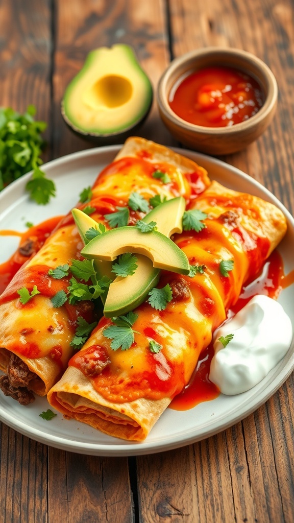 Spicy beef enchiladas topped with cheese and avocado, garnished with cilantro, on a wooden table with salsa.